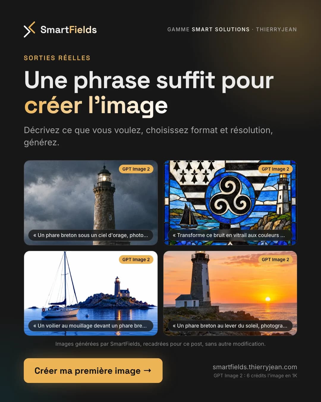 Visuel 3 sur 5. Une phrase suffit pour créer l'image : quatre images générées par GPT Image 2, chacune avec le début de sa consigne — un phare breton sous un ciel d'orage, un vitrail aux couleurs de la Bretagne, un voilier au mouillage devant un phare, un phare au lever du soleil.