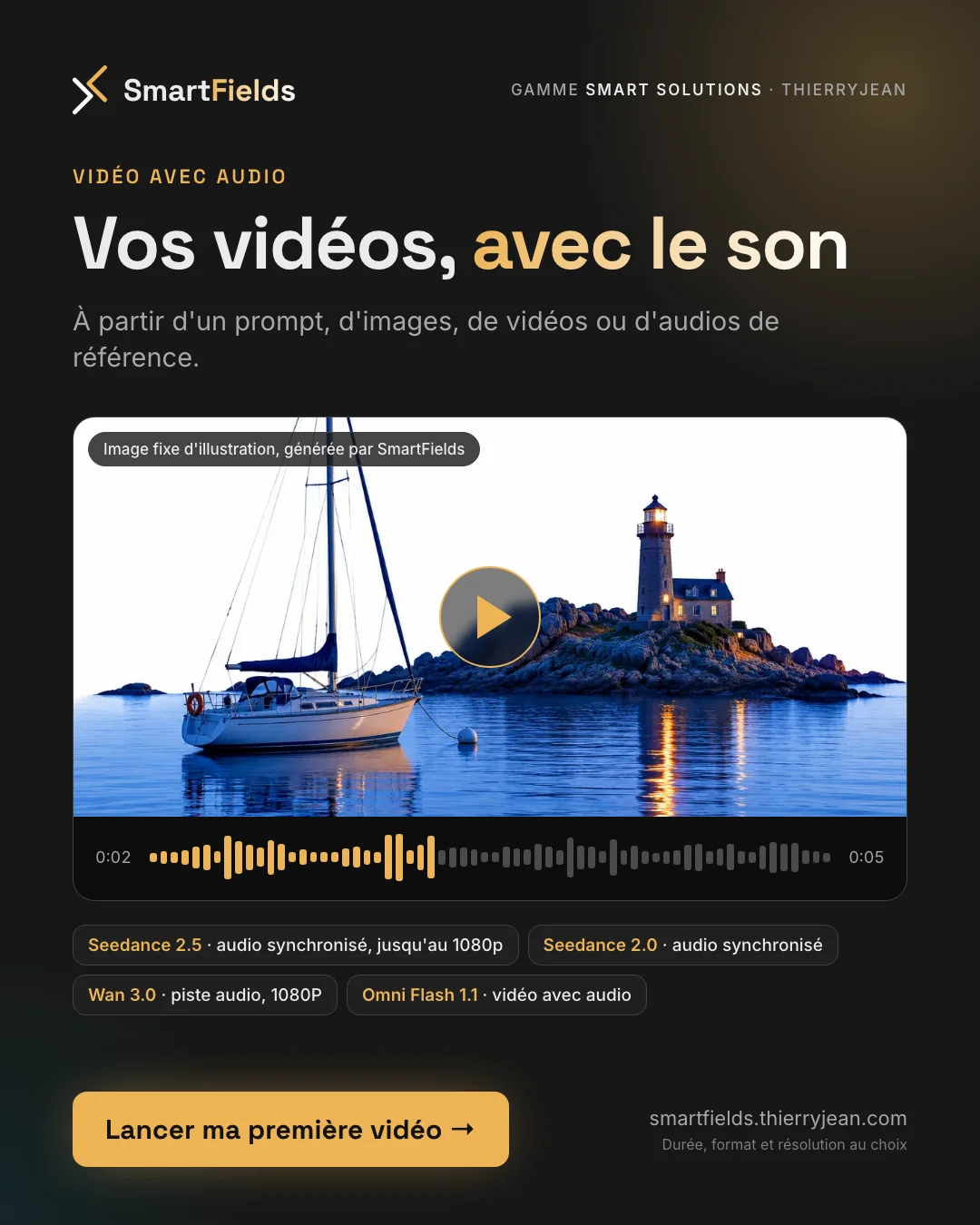 Visuel 4 sur 5. Vos vidéos, avec le son, à partir d'un prompt, d'images, de vidéos ou d'audios de référence. Une image fixe d'un voilier devant un phare, avec un bouton lecture et une forme d'onde. Modèles avec audio : Seedance 2.5, Seedance 2.0, Wan 3.0 et Omni Flash 1.1.