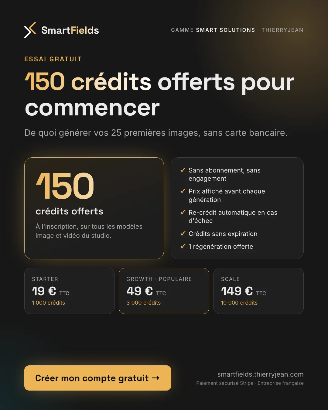 Visuel 5 sur 5. 150 crédits offerts pour commencer : de quoi générer vos 25 premières images, sans carte bancaire. Sans abonnement, prix affiché avant chaque génération, re-crédit automatique en cas d'échec, crédits sans expiration, une régénération offerte. Packs à 19, 49 et 149 € TTC.