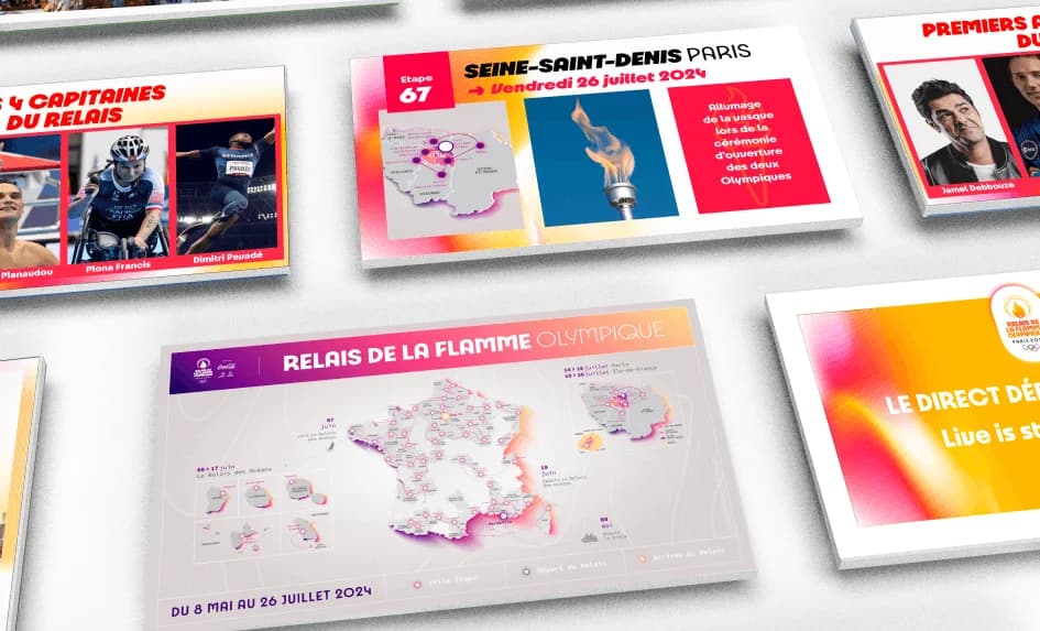 Écrans de la conférence de presse Reveal du Parcours OTR : carte des étapes et portraits de relayeurs